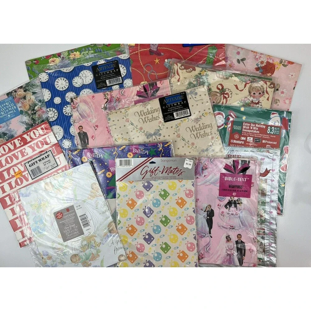 Large Lot Of 16 Vintage NOS Gift Wrappings Wrapping Paper Kitschy Retro Designs